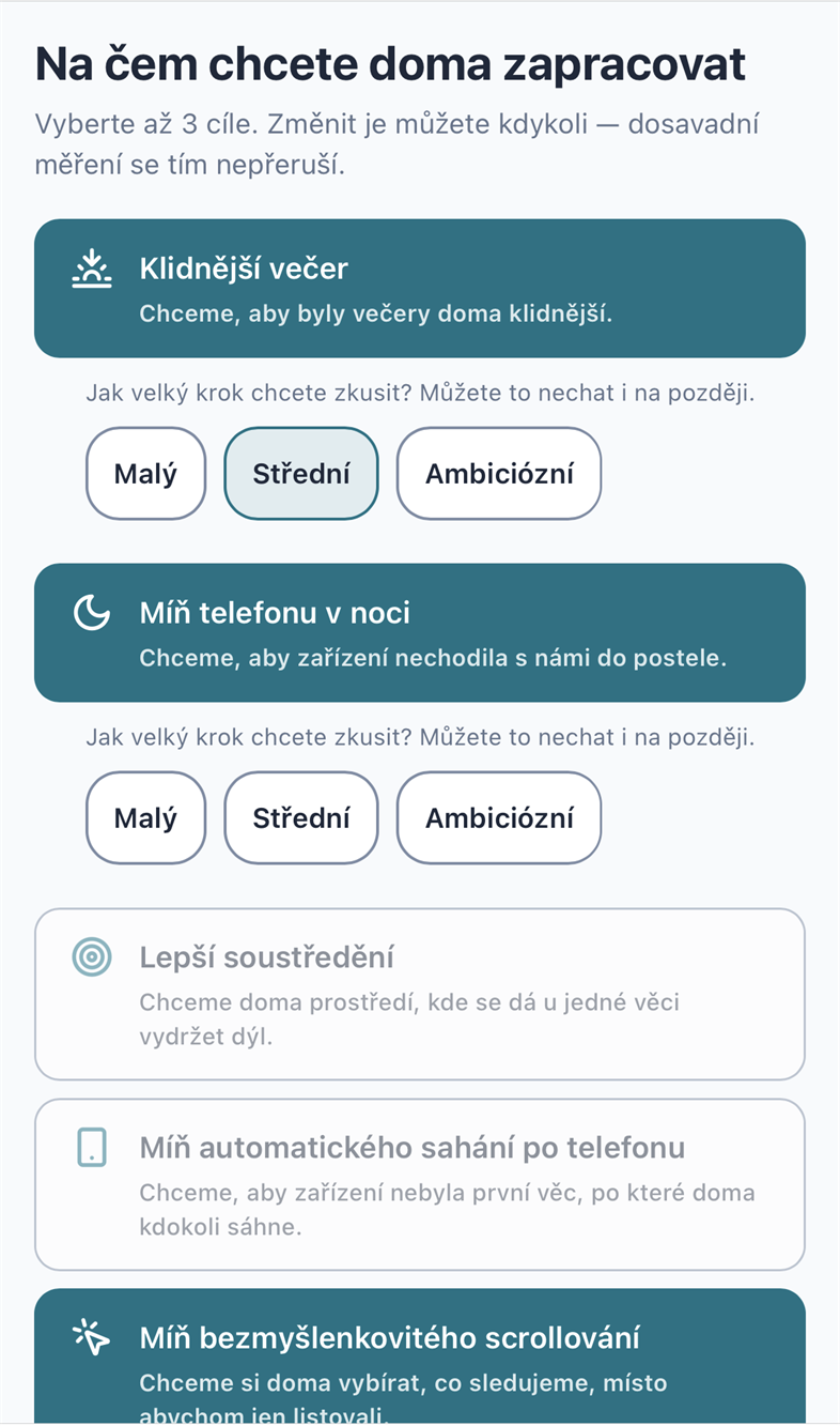 Obrazovka s výběrem rodinných cílů — klidnější večer, míň telefonu v noci